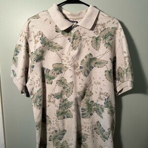 Chaps Cream and Green Polo Shirt with Botanical Print